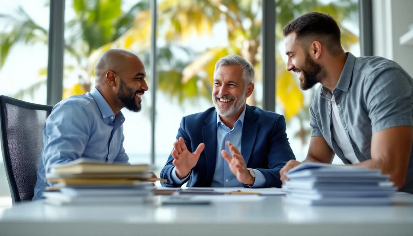 Insurance agent with clients in a bright Florida office